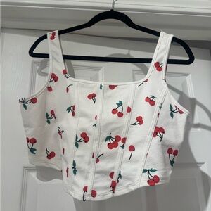 SHEIN White Cherry Print Crop Top